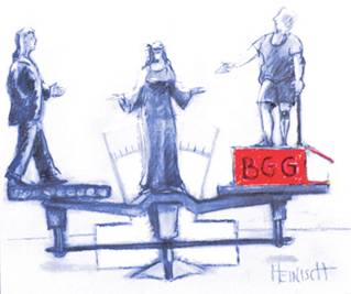 Zeichnung; Waage der Justitia, ohne BGG fr Behinderte kein Gleichgewicht 