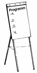 Zeichnung; Flipchart, auf der das Wort Programm und ein paar Zahlen stehen